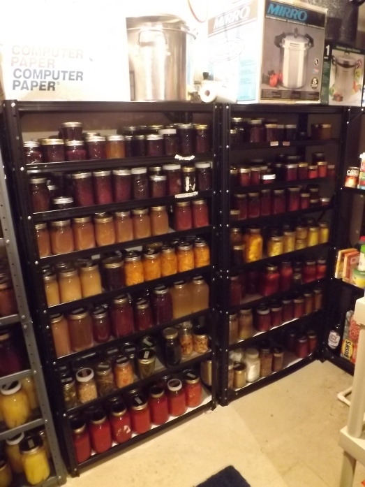 Going completely across, the top two rows are jams/jellies/preserves; next two rows are fruit; next row is juice and concentrates; and last two rows are vegetables.